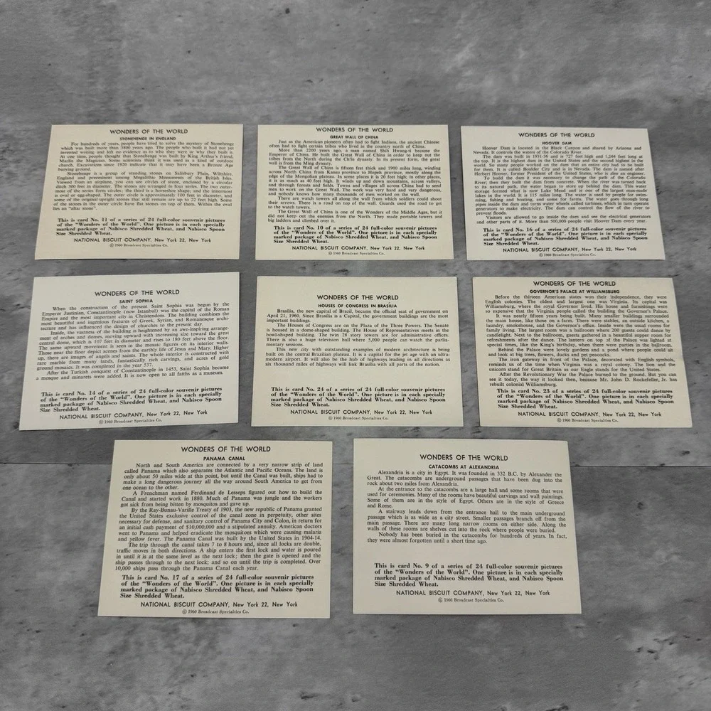 1960 National Biscuit Company Wonders Of The World Postcards Lot Of 8